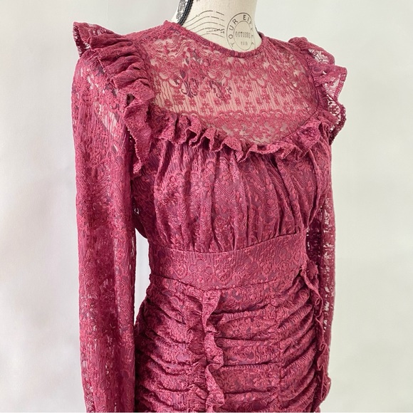 Lace Embroidered Sheer Detail Ruffle Ruched High Waist Mini Dress Maroon Small - Picture 4 of 14
